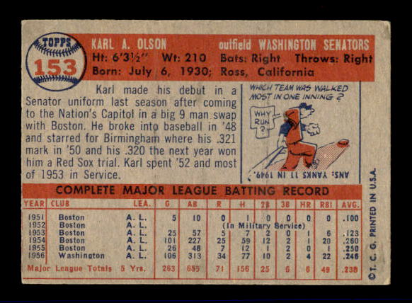1957 Topps #153 Karl Olson back image