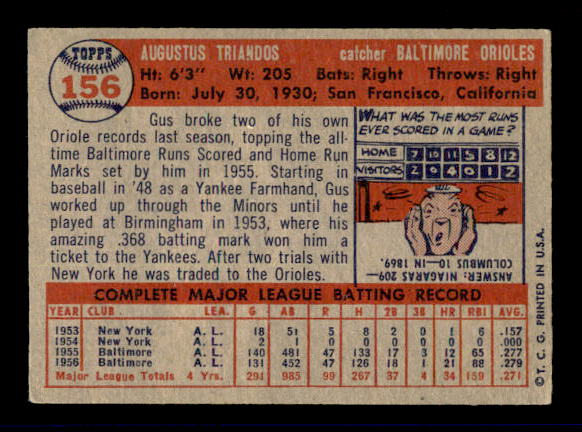 1957 Topps #156 Gus Triandos back image