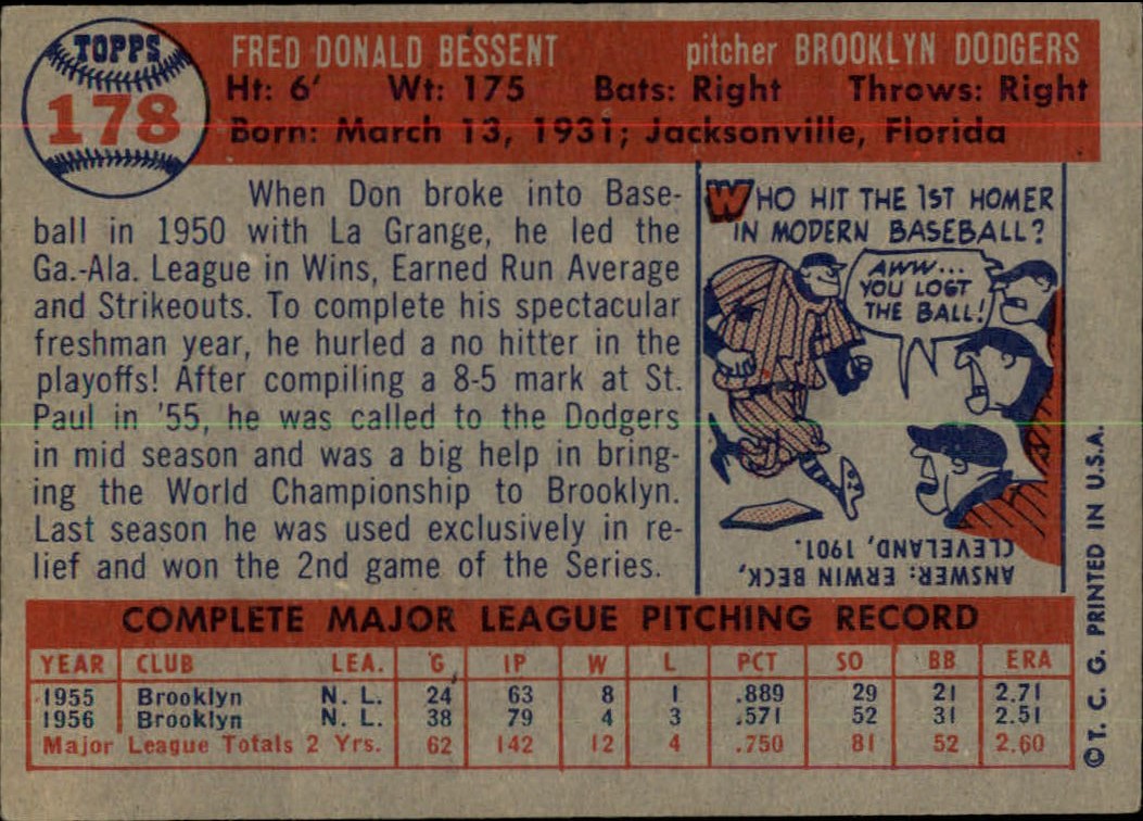 1957 Topps #178 Don Bessent back image