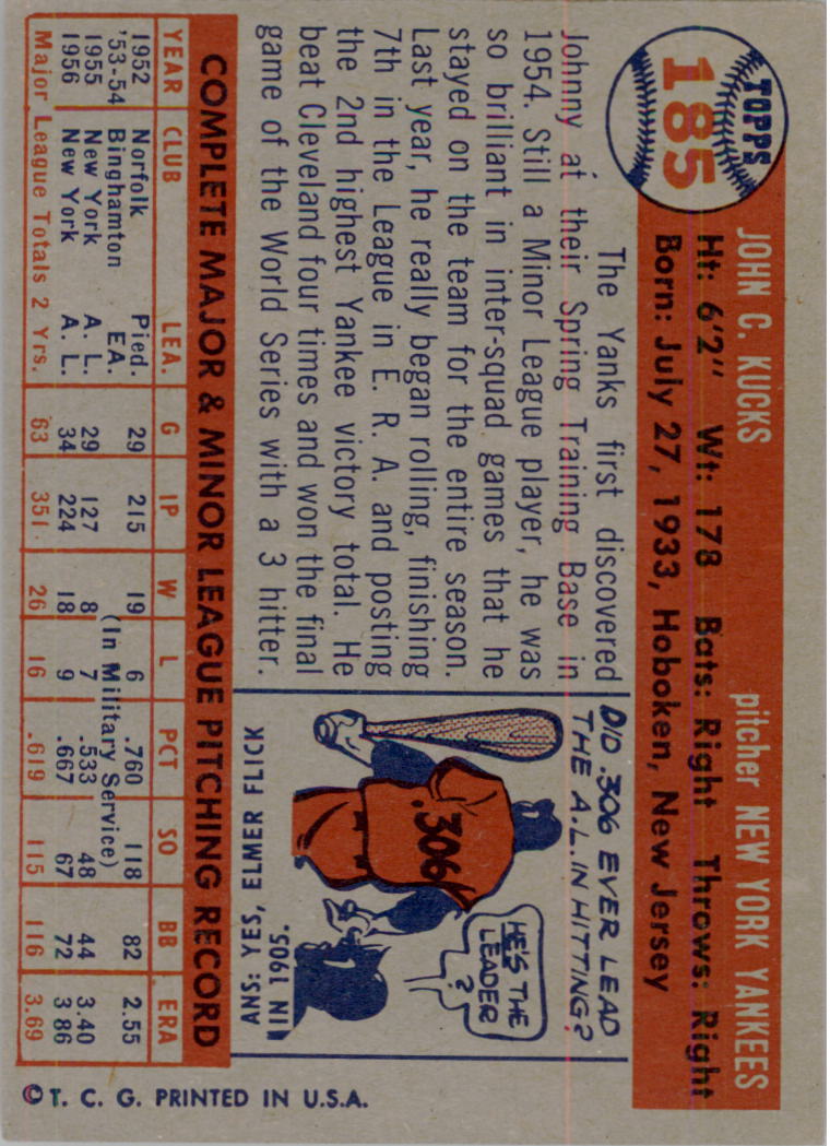 1957 Topps #185 Johnny Kucks back image