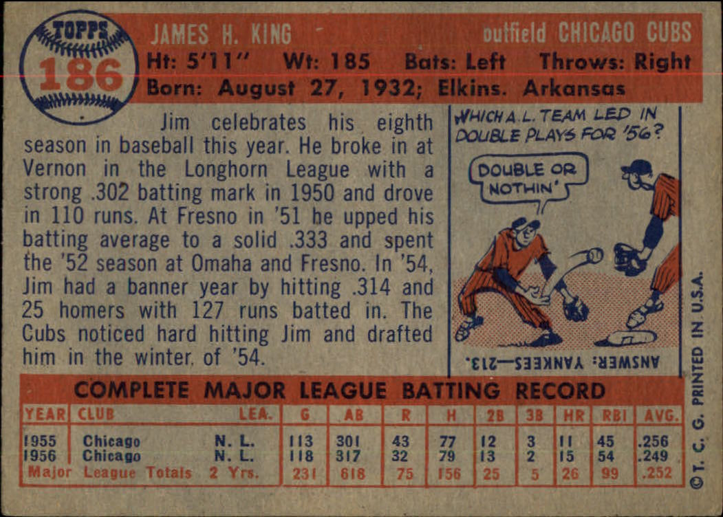 1957 Topps #186 Jim King back image