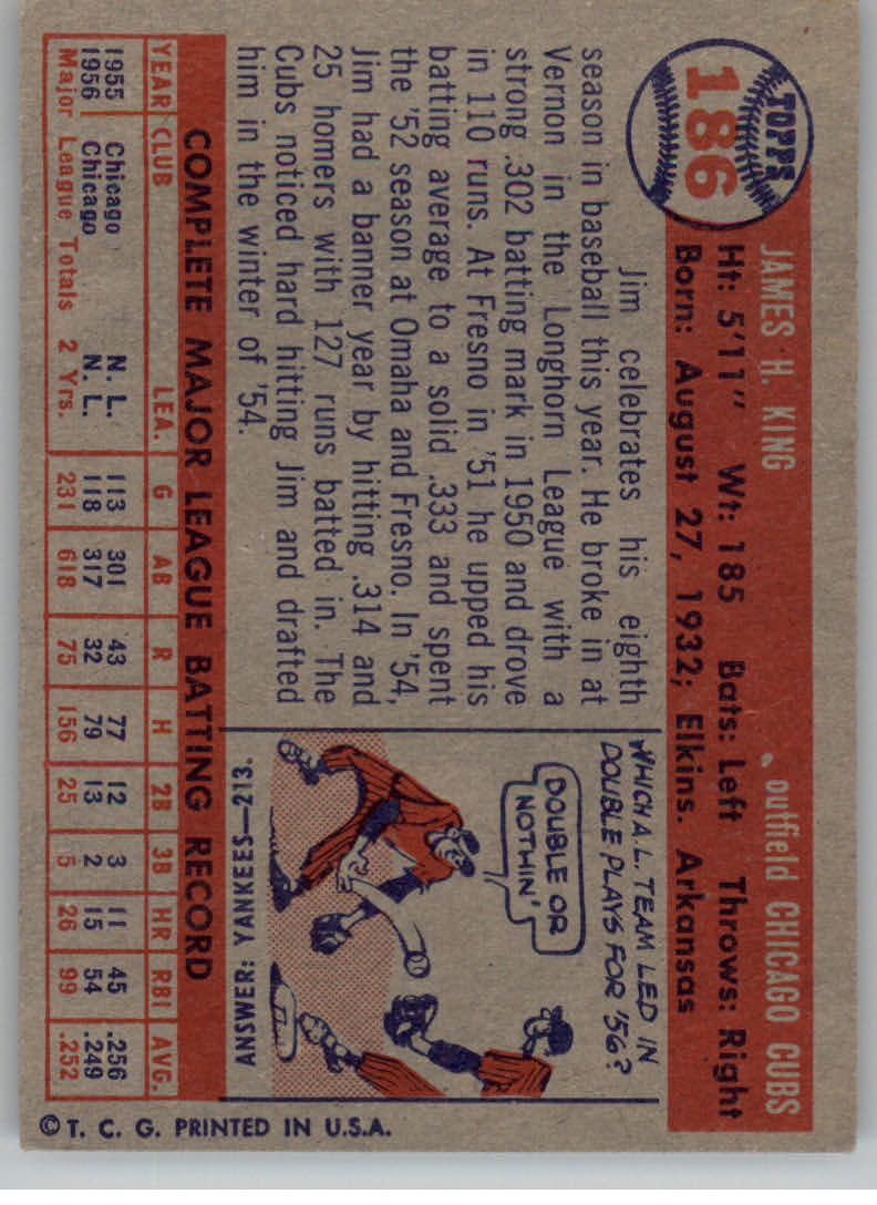 1957 Topps #186 Jim King back image