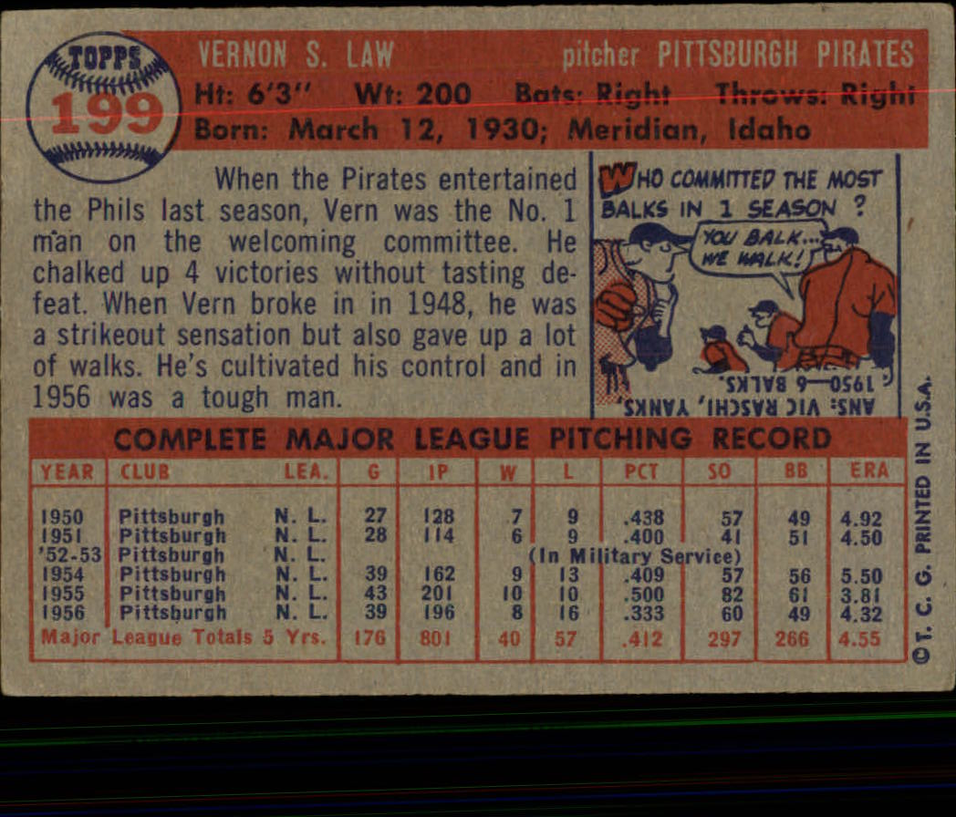 1957 Topps #199 Vern Law back image