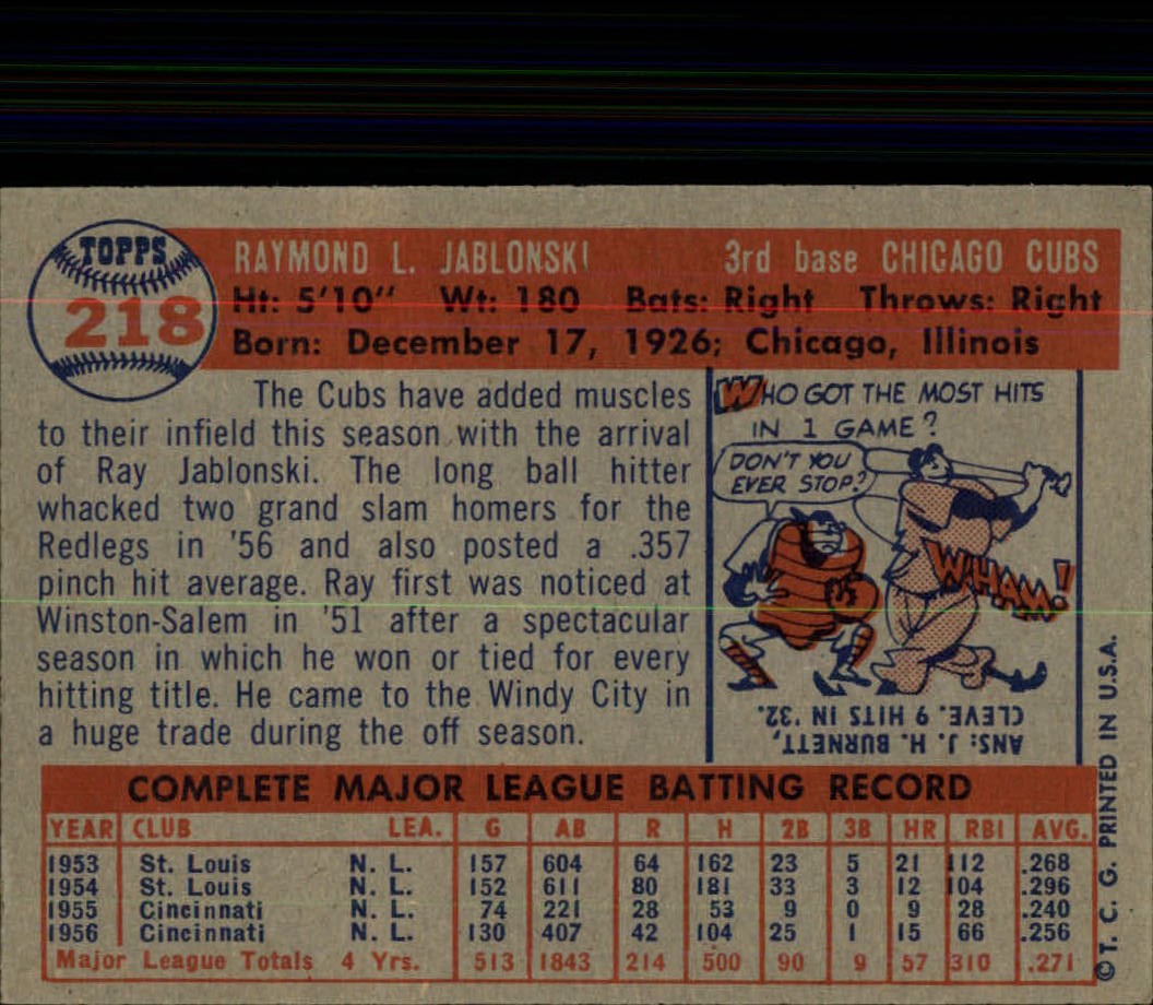 1957 Topps #218 Ray Jablonski back image