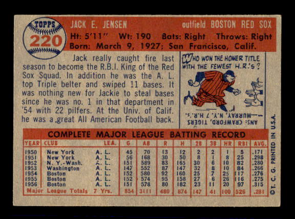 1957 Topps #220 Jackie Jensen back image