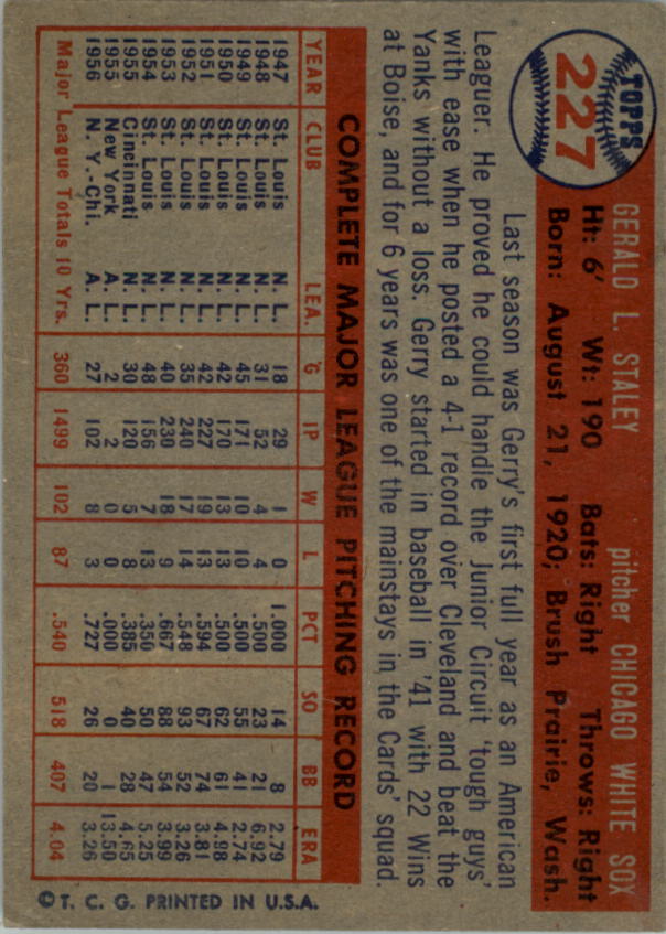 1957 Topps #227 Gerry Staley back image
