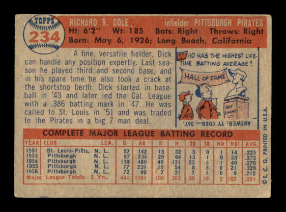 1957 Topps #234 Dick Cole back image