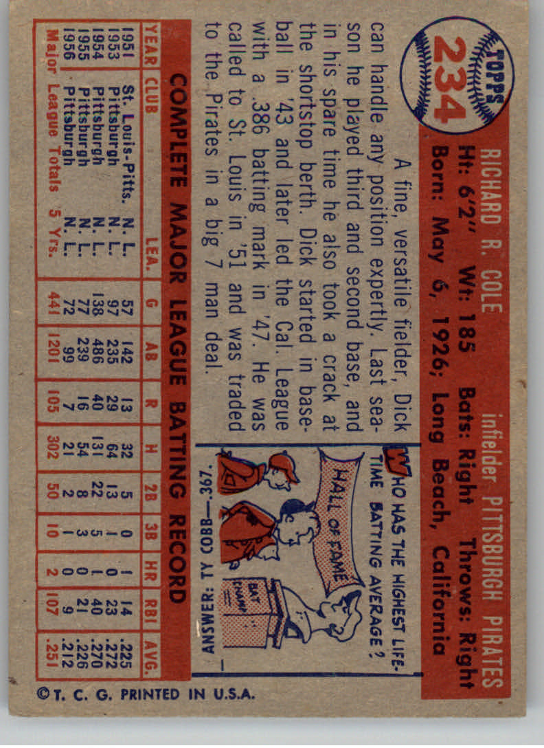 1957 Topps #234 Dick Cole back image