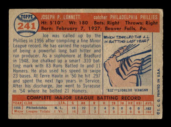 1957 Topps #241 Joe Lonnett RC back image