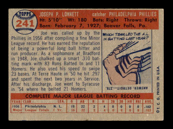 1957 Topps #241 Joe Lonnett RC back image