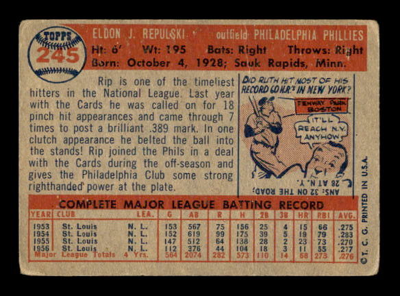1957 Topps #245 Rip Repulski back image