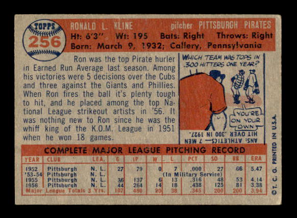 1957 Topps #256 Ron Kline back image