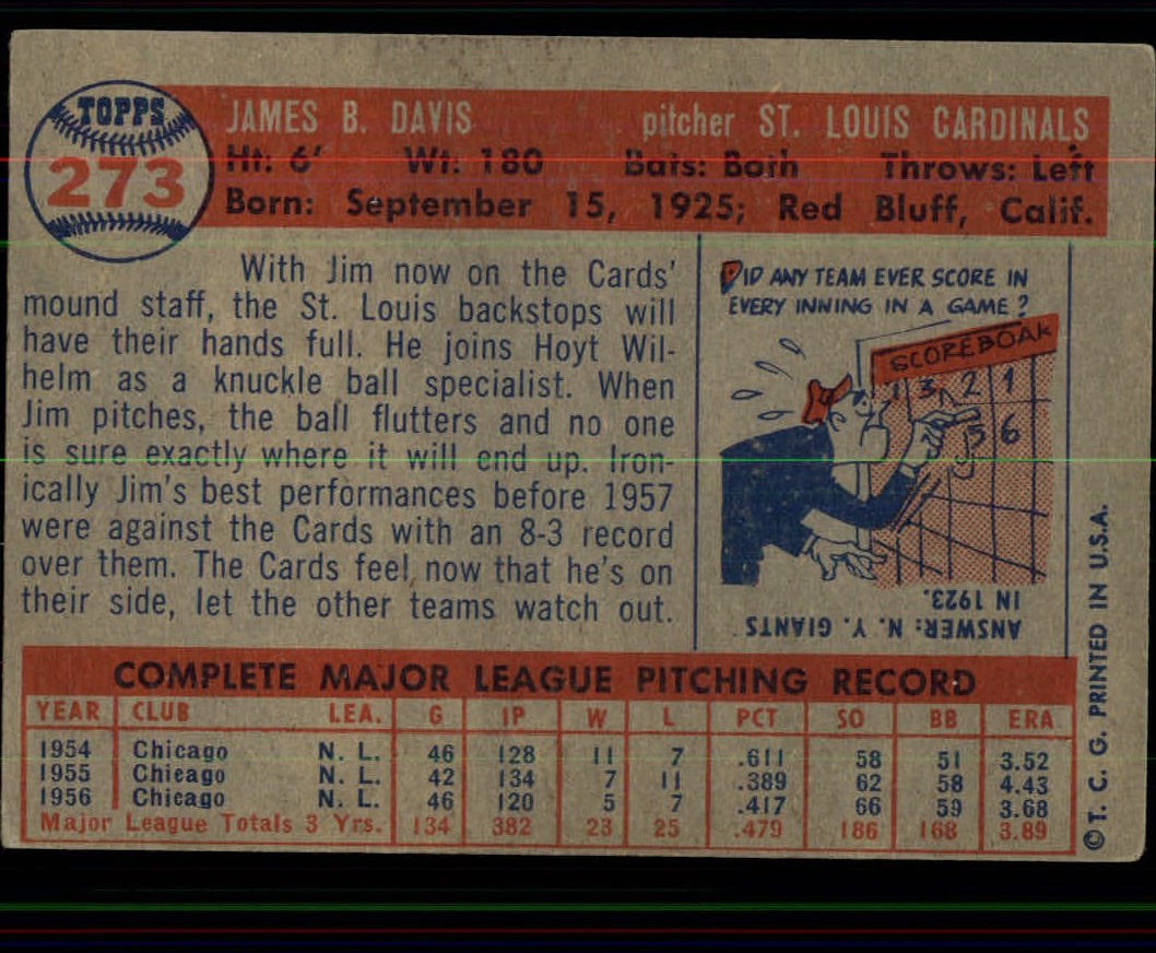 1957 Topps #273 Jim Davis back image
