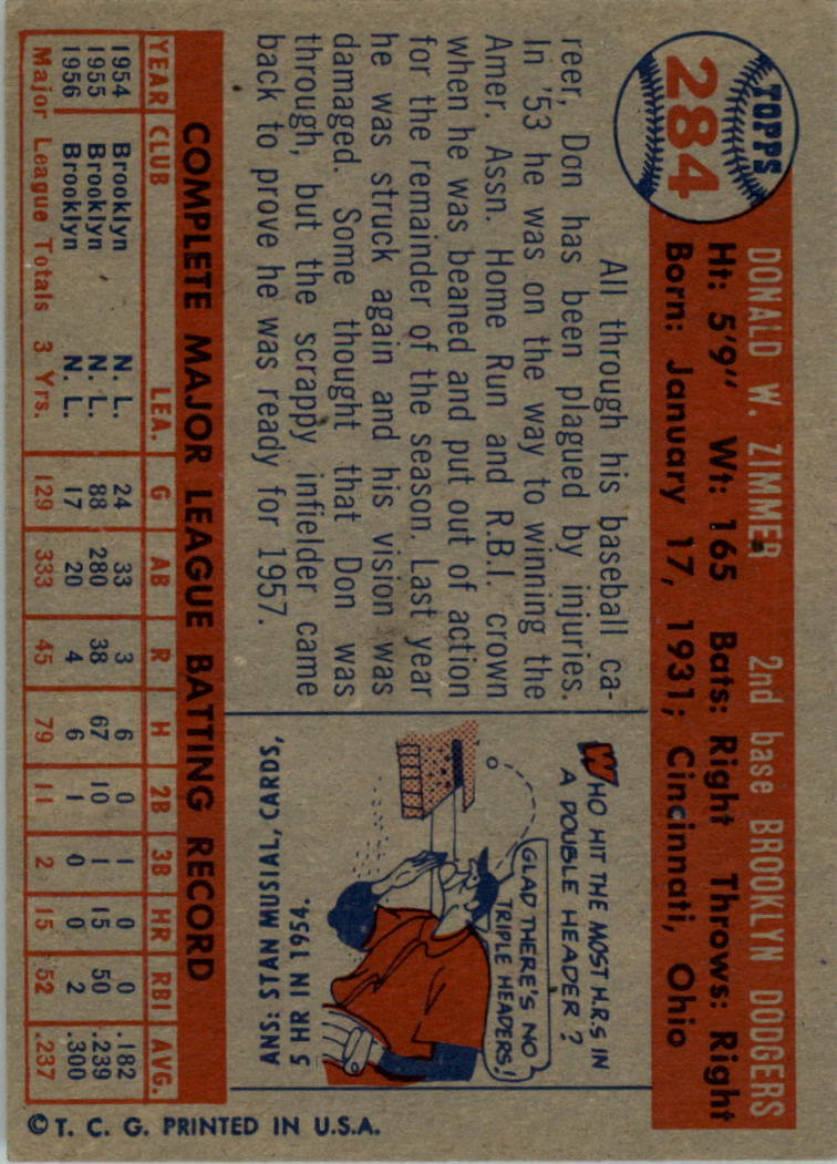 1957 Topps #284 Don Zimmer - EX-MT - Triple Play Sports Cards