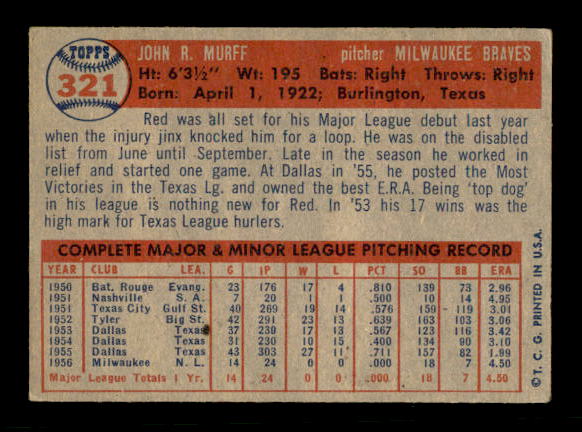 1957 Topps #321 John Red Murff RC back image