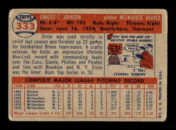 1957 Topps #333 Ernie Johnson back image