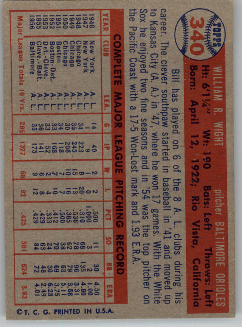 1957 Topps #340 Bill Wight back image