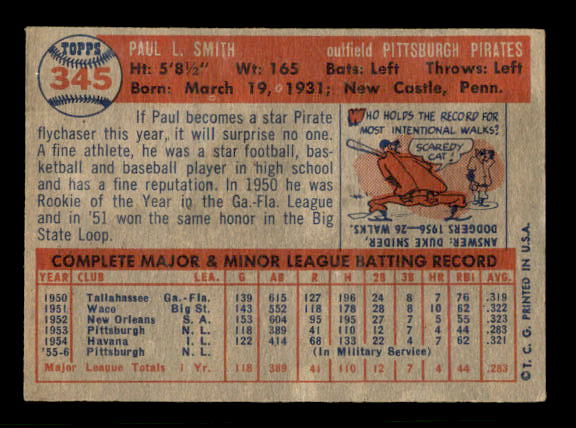 1957 Topps #345 Paul Smith back image