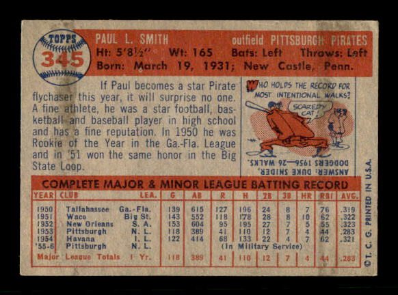 1957 Topps #345 Paul Smith back image