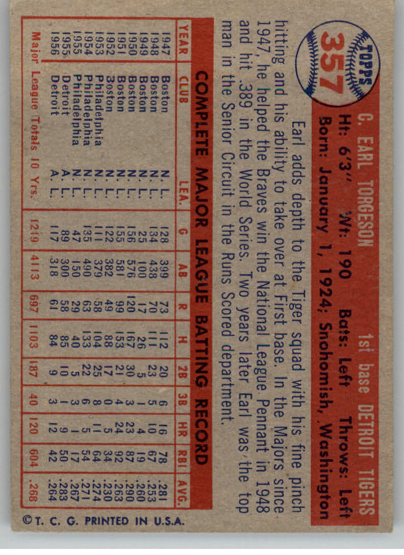 1957 Topps #357 Earl Torgeson back image