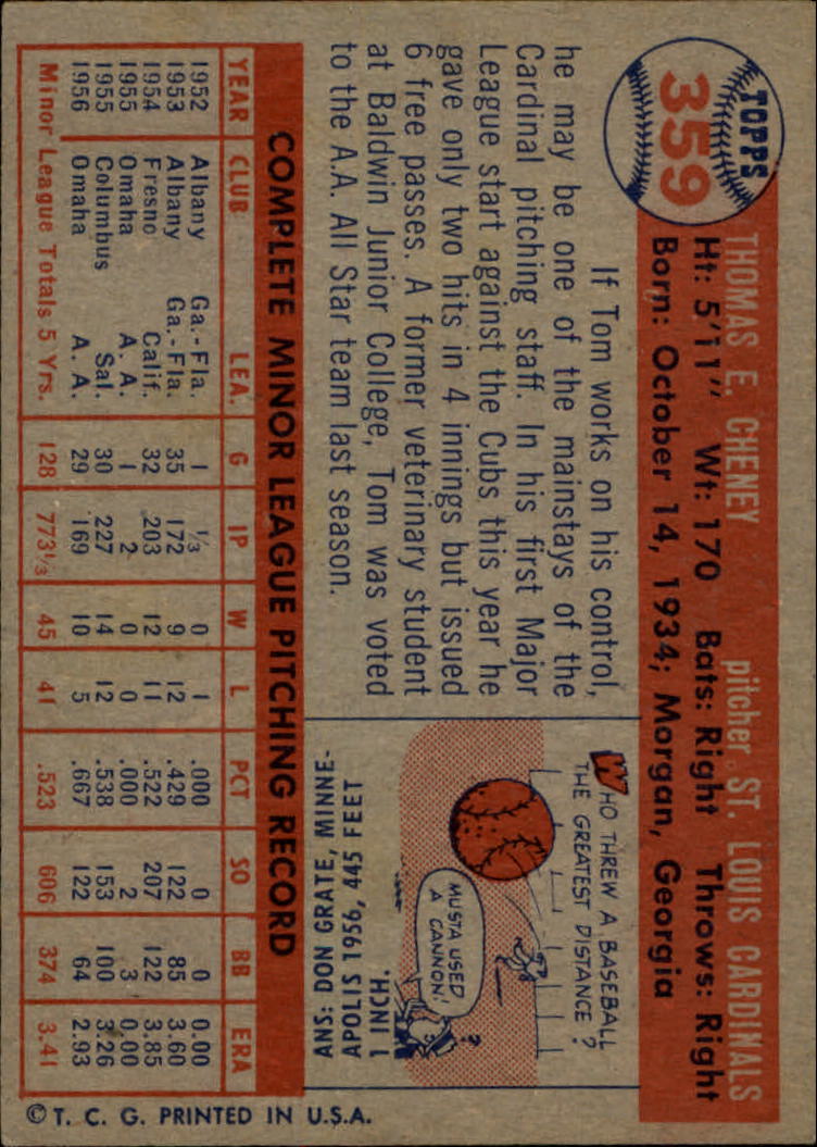 1957 Topps #359 Tom Cheney RC back image