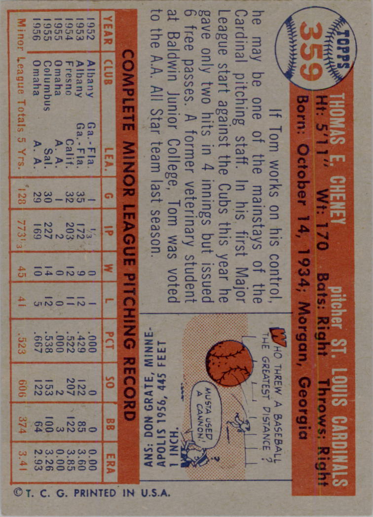 1957 Topps #359 Tom Cheney RC back image