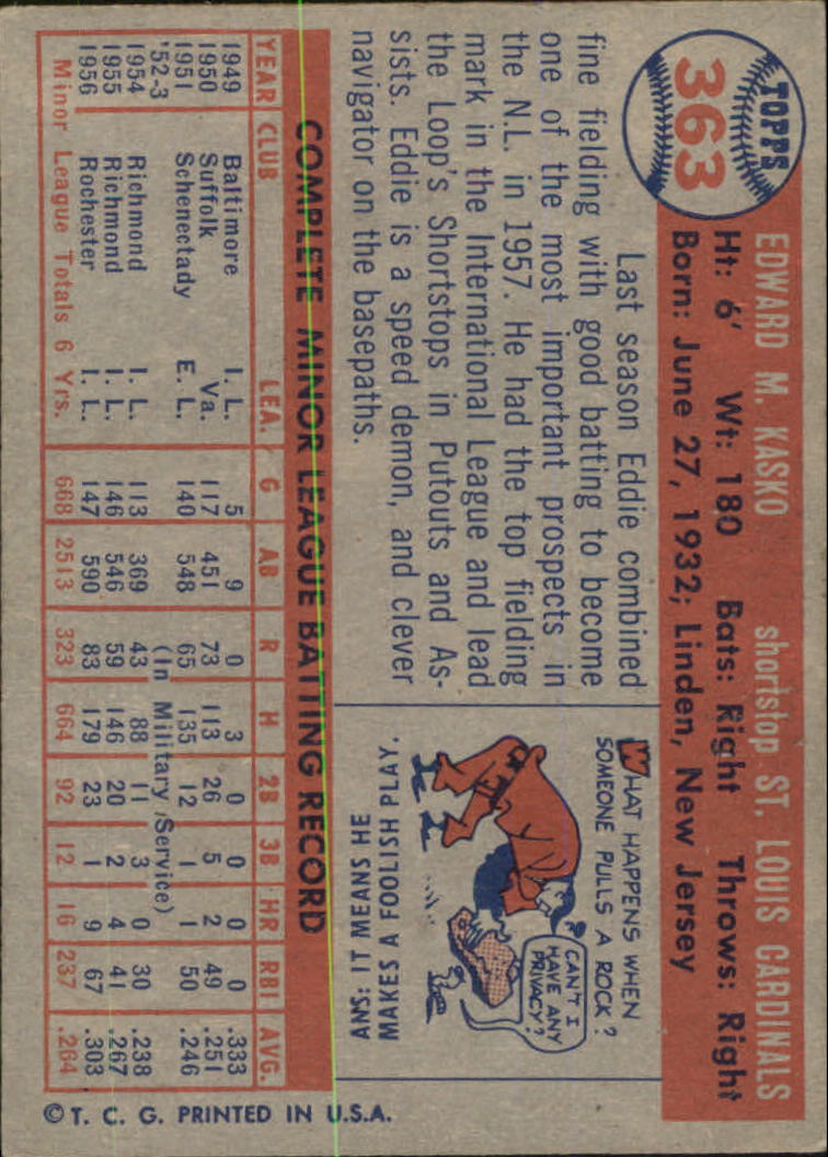 1957 Topps St. Louis Cardinals Baseball Card #363 Eddie Kasko RC - EX | eBay