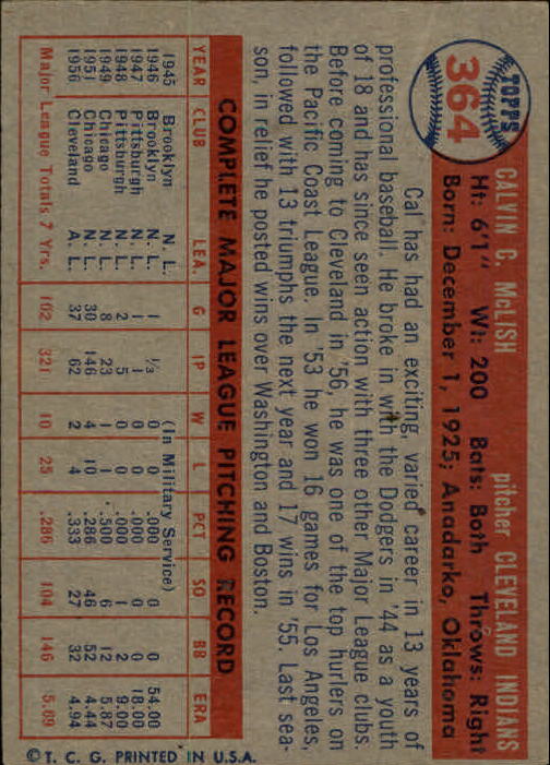 1957 Topps #364 Cal McLish RC back image