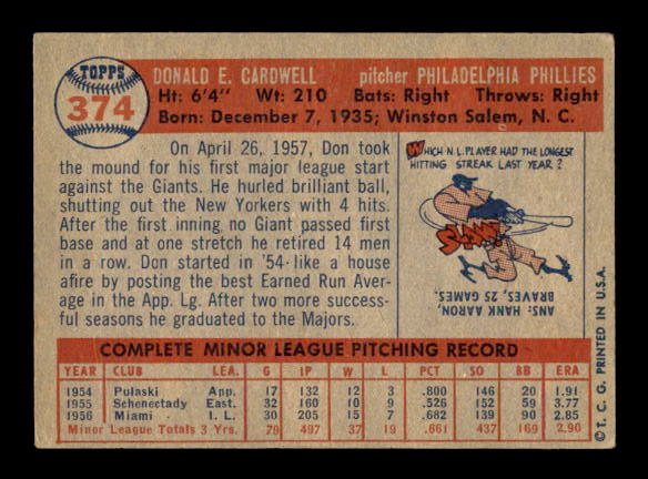 1957 Topps #374 Don Cardwell RC back image