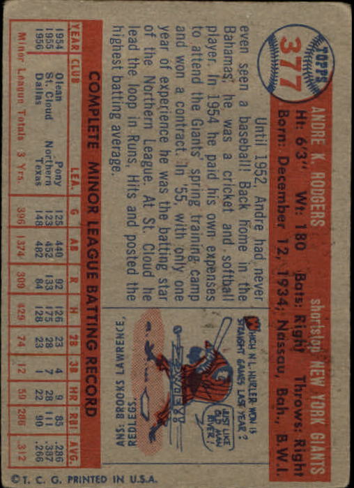 1957 Topps #377 Andre Rodgers RC back image