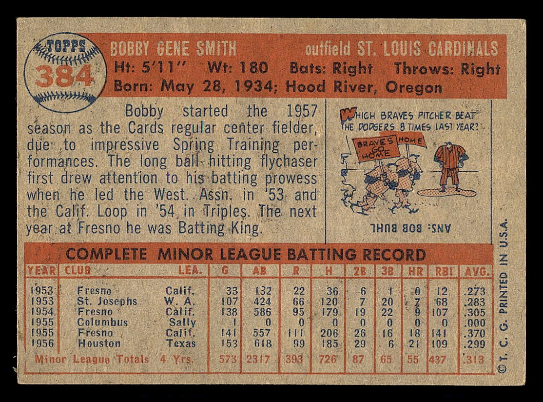 1957 Topps #384 Bobby G. Smith RC back image
