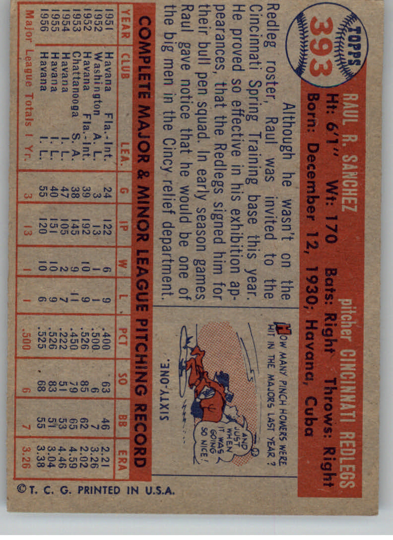 1957 Topps #393 Raul Sanchez RC back image
