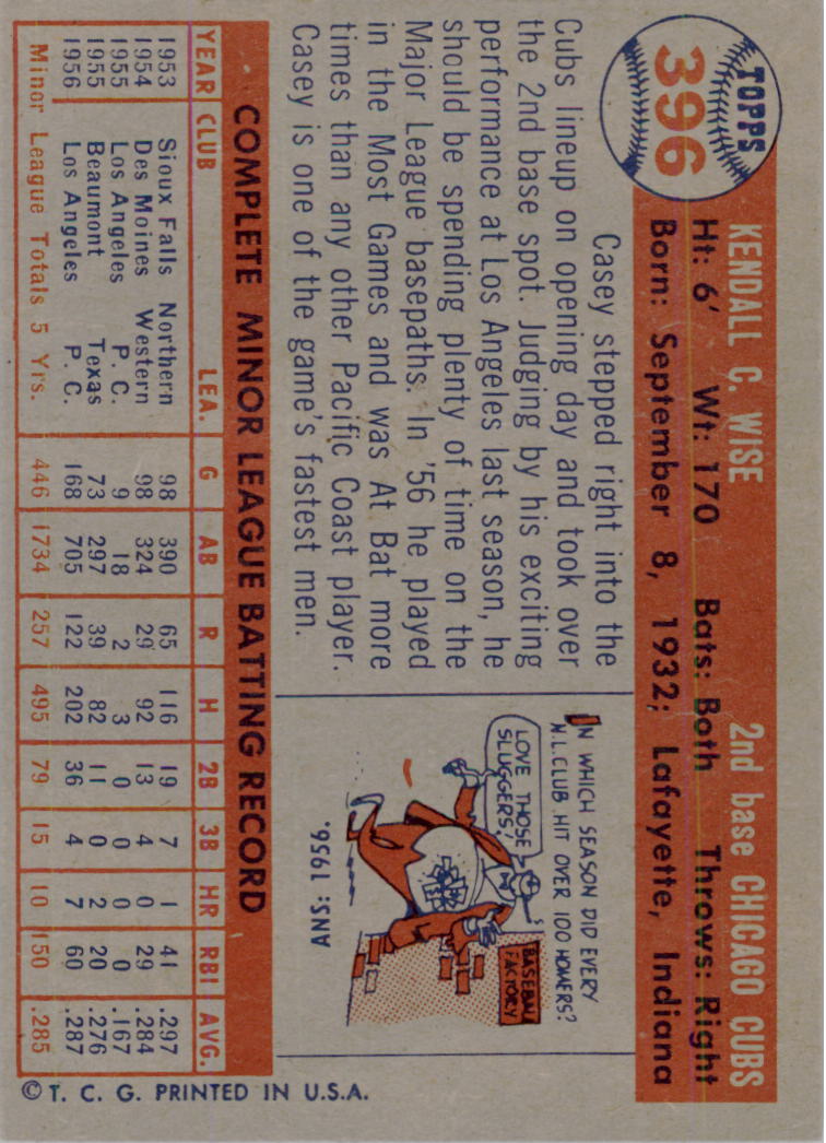 1957 Topps #396 Casey Wise RC back image
