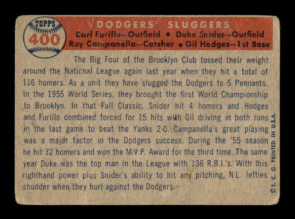 1957 Topps #400 Dodgers Sluggers/Carl Furillo/Gil Hodges/Roy Campanella/Duke Snider back image