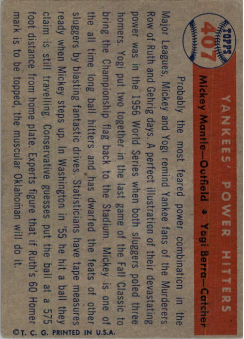 1957 Topps #407 Yankees Power Hitters/Mickey Mantle/Yogi Berra back image