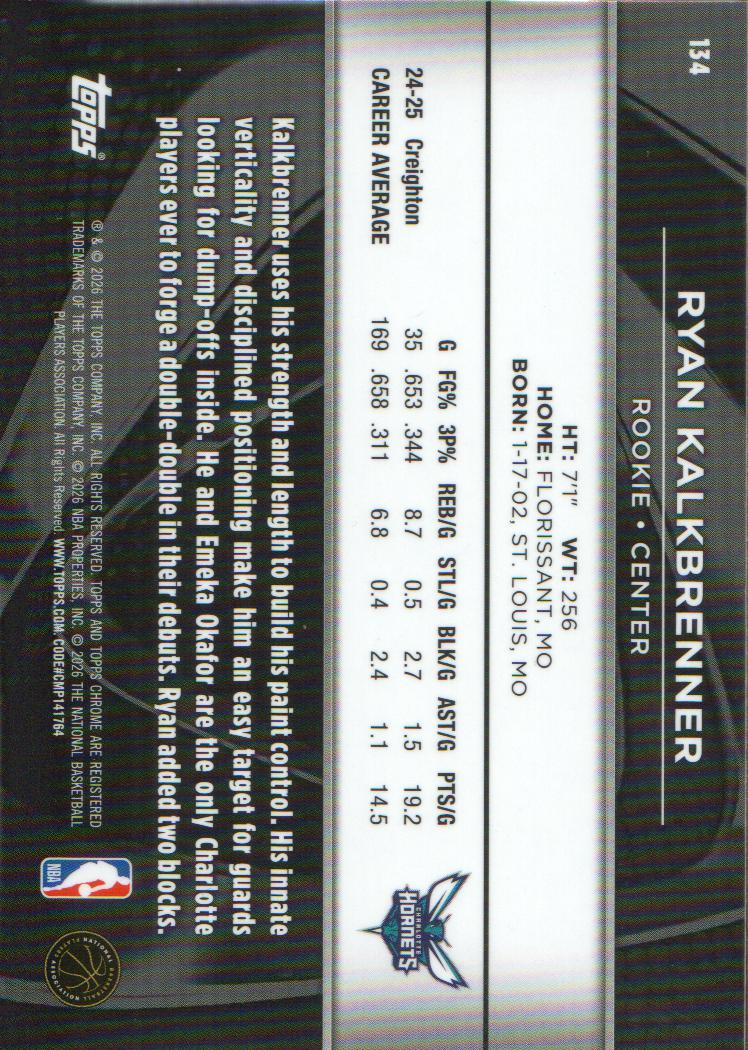 2025-26 Topps Chrome Black #134 Ryan Kalkbrenner back image