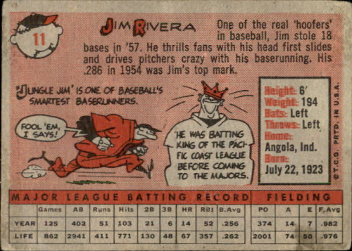 1958 Topps #11A Jim Rivera back image