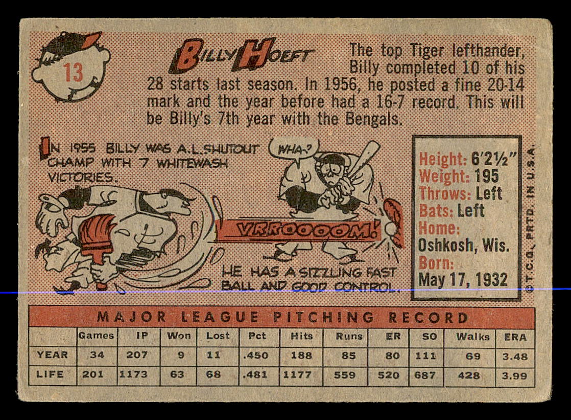 1958 Topps #13A Billy Hoeft back image