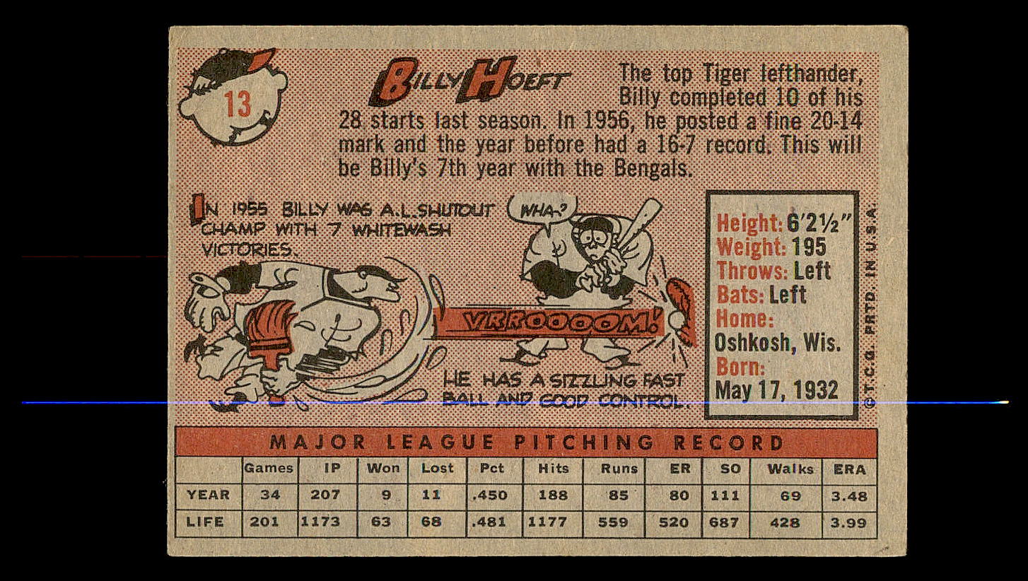 1958 Topps #13A Billy Hoeft back image
