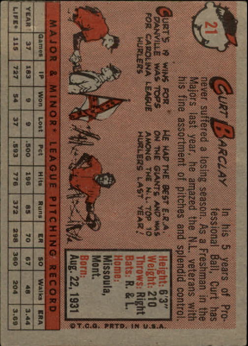 1958 Topps #21 Curt Barclay back image