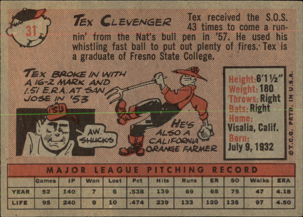 1958 Topps #31 Tex Clevenger RC back image