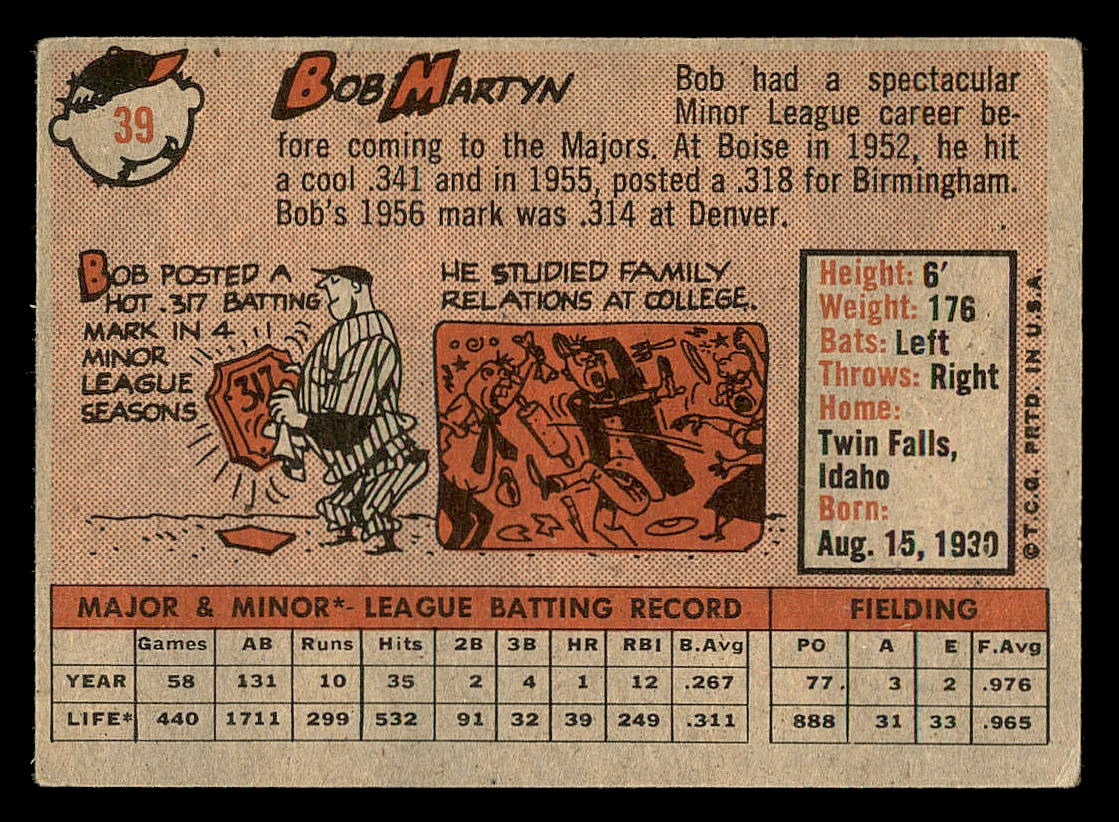 1958 Topps #39 Bob Martyn RC back image