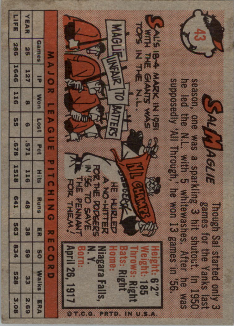 1958 Topps #43 Sal Maglie back image