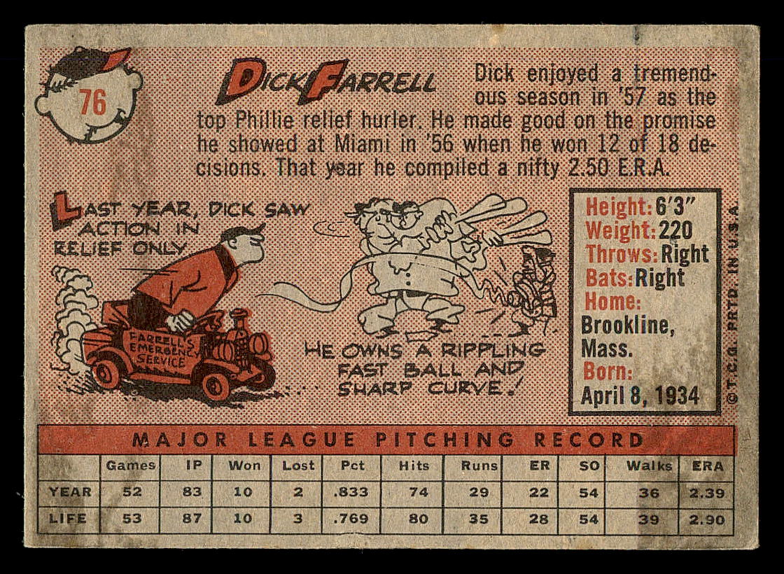 1958 Topps #76A Dick Farrell RC back image