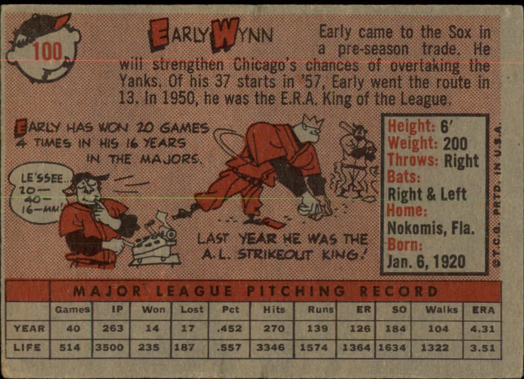 1958 Topps #100A Early Wynn back image