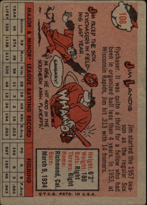 1958 Topps #108A Jim Landis back image