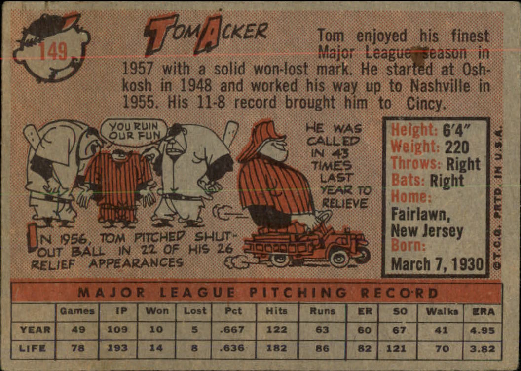 1958 Topps #149 Tom Acker back image