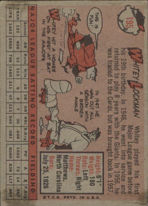 1958 Topps #195 Whitey Lockman back image