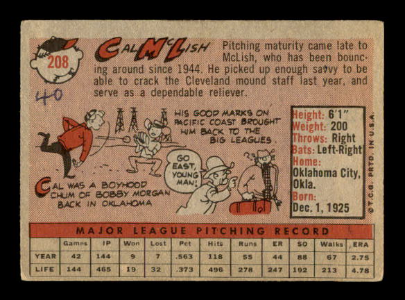 1958 Topps #208 Cal McLish back image
