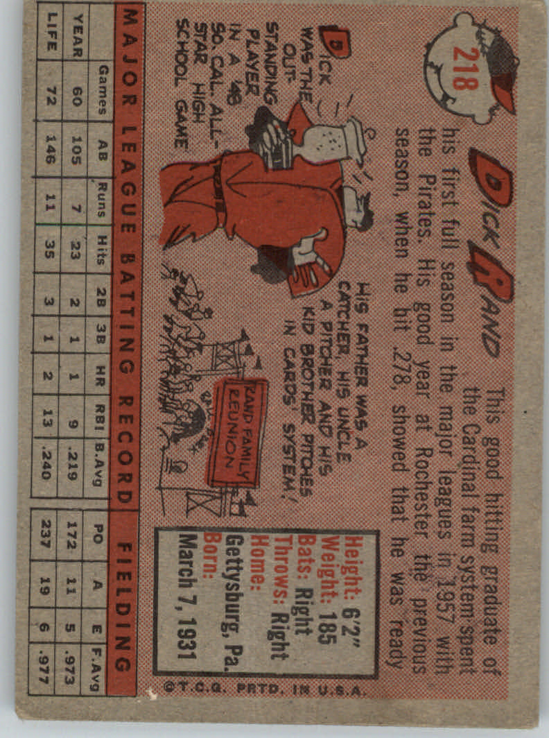 1958 Topps #218 Dick Rand RC back image